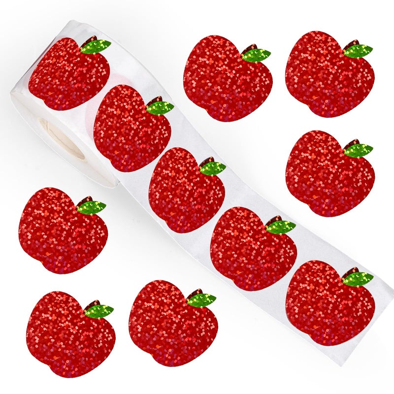 Whaline Fall Apples Stickers Roll Laser Red Apples Fruit Stickers Holographic Waterproof Self-Adhesive Decals for Thanksgiving Baby Shower Back to School Teacher Reward Decor, 500 Pcs - Image 1